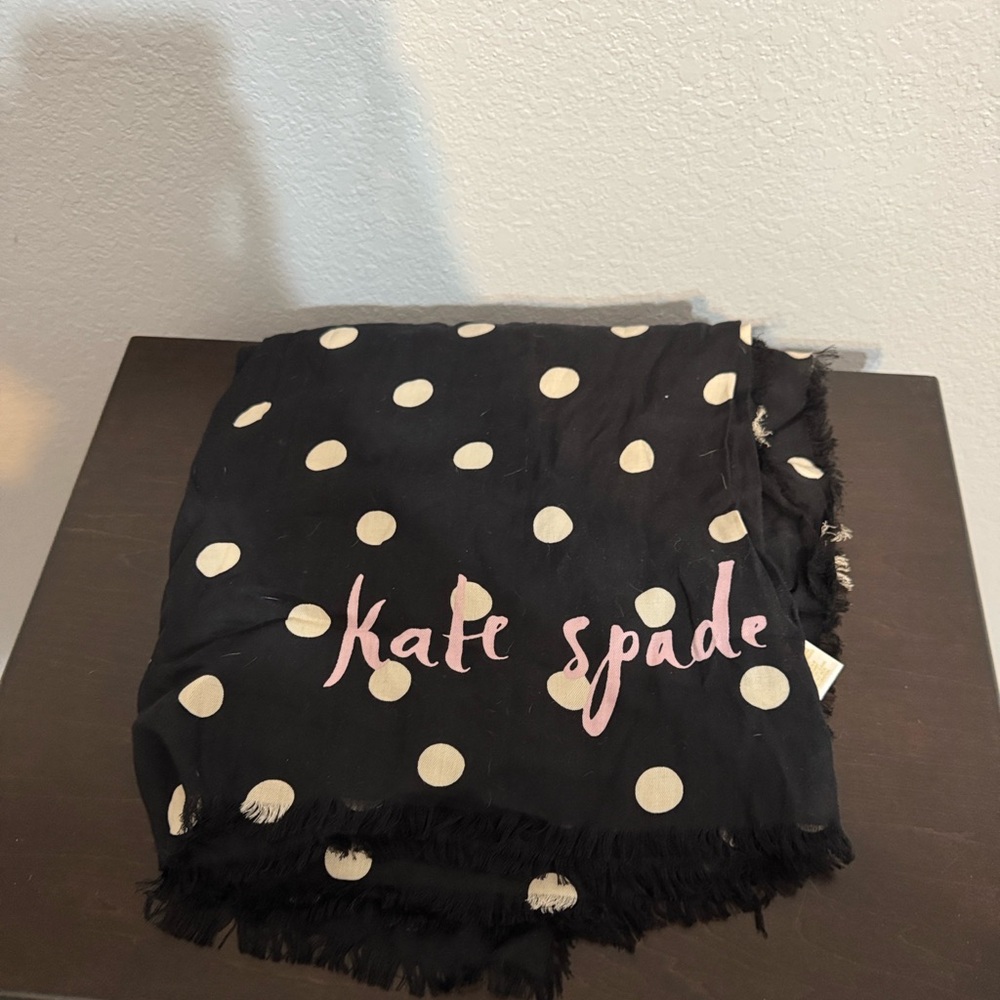 kate spade Black and Cream Polka Dot Scarf with Pink Logo